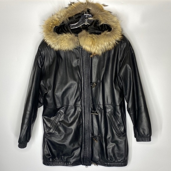 Vintage St. Malo Racoon Fur Trimmed Hood Black Leather Jacket Medium - Picture 1 of 15